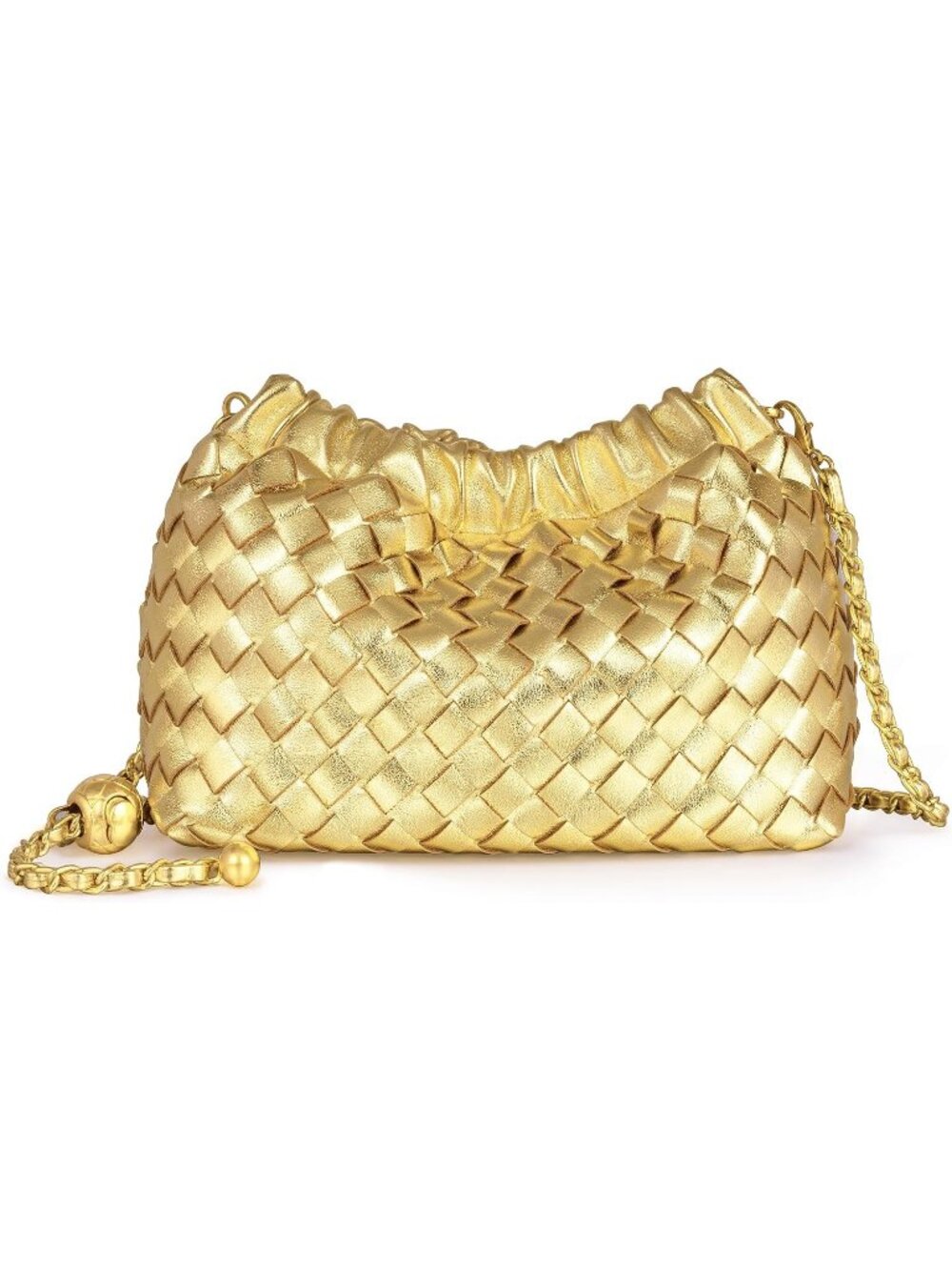 Women Golden Gold Woven Dumpling Clutch Purse Trendy Shoulder Crossbody Bag